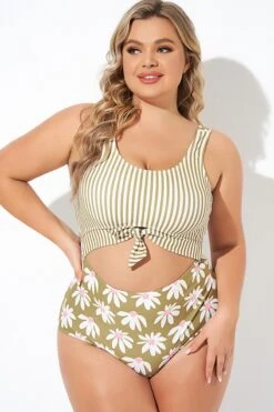 Cactus Stripe Daisy Knotted One Piece Swimsuit -Sandy Bikinis Shop b deop271001 4