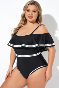 Black And White Off Shoulder Ruffles One Piece Swimsuit -Sandy Bikinis Shop b deop272001 1 1