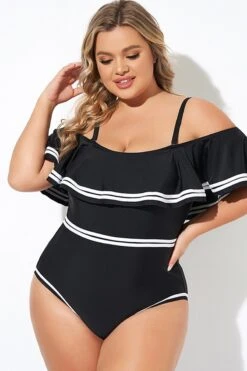 Black And White Off Shoulder Ruffles One Piece Swimsuit -Sandy Bikinis Shop b deop272001 5