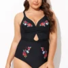 Black Flower Adjustable Straps Cut Out Front One Piece Swimsuit
