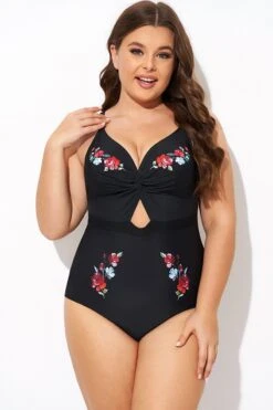 Black Flower Adjustable Straps Cut Out Front One Piece Swimsuit -Sandy Bikinis Shop b deop275001 3