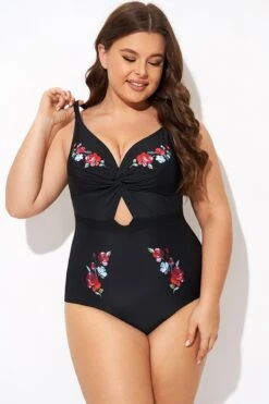Black Flower Adjustable Straps Cut Out Front One Piece Swimsuit -Sandy Bikinis Shop b deop275001 4