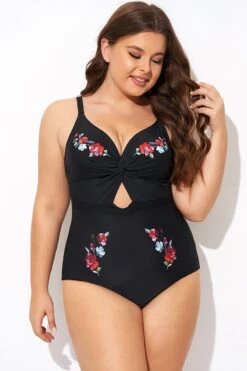Black Flower Adjustable Straps Cut Out Front One Piece Swimsuit -Sandy Bikinis Shop b deop275001 5