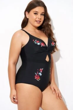 Black Flower Adjustable Straps Cut Out Front One Piece Swimsuit -Sandy Bikinis Shop b deop275001 6