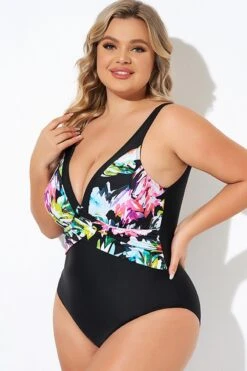 Elegant Flower Print V-neckline One Piece Swimsuit -Sandy Bikinis Shop b deop276001 3