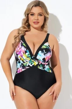 Elegant Flower Print V-neckline One Piece Swimsuit -Sandy Bikinis Shop b deop276001 5