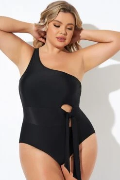 Black One Shoulder Tie One Piece Swimsuit -Sandy Bikinis Shop b deop277001 3