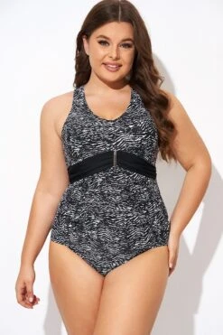 Black & White Zebra Print Ruched Front One Piece Swimsuit 10 Black & White Zebra Print Ruched Front One Piece Swimsuit -Sandy Bikinis Shop b deop278001 4