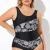 Flower Pattern Round Neck One Piece Swimsuit