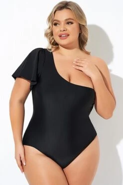 Black Flutter Sleeve One Shoulder One Piece Swimsuit -Sandy Bikinis Shop b deop283001 4