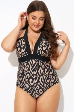 Deep V Neck Pattern Halterneck One Piece Swimsuit -Sandy Bikinis Shop b deop287001 3