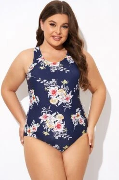Flower Stripes Scoop Neck Cross Back One Piece Swimsuit