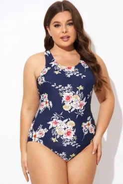 Flower Stripes Scoop Neck Cross Back One Piece Swimsuit -Sandy Bikinis Shop b deop288001 5