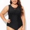 Black Mesh Rounded Back Neckline One Piece Swimsuit