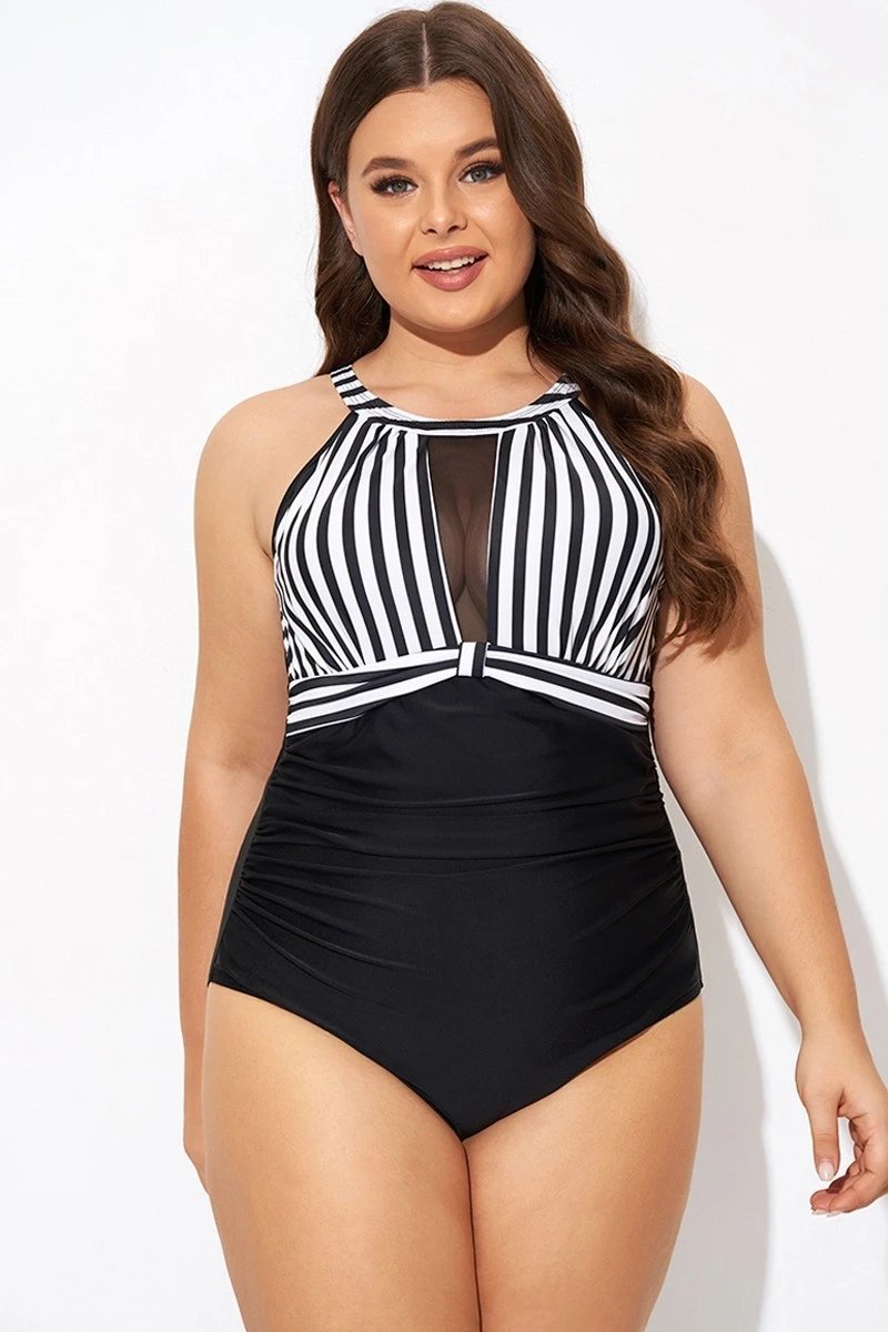 Stripe High Neck Mesh Ruched One Piece Swimsuit 5 Stripe High Neck Mesh Ruched One Piece Swimsuit - Image 5
