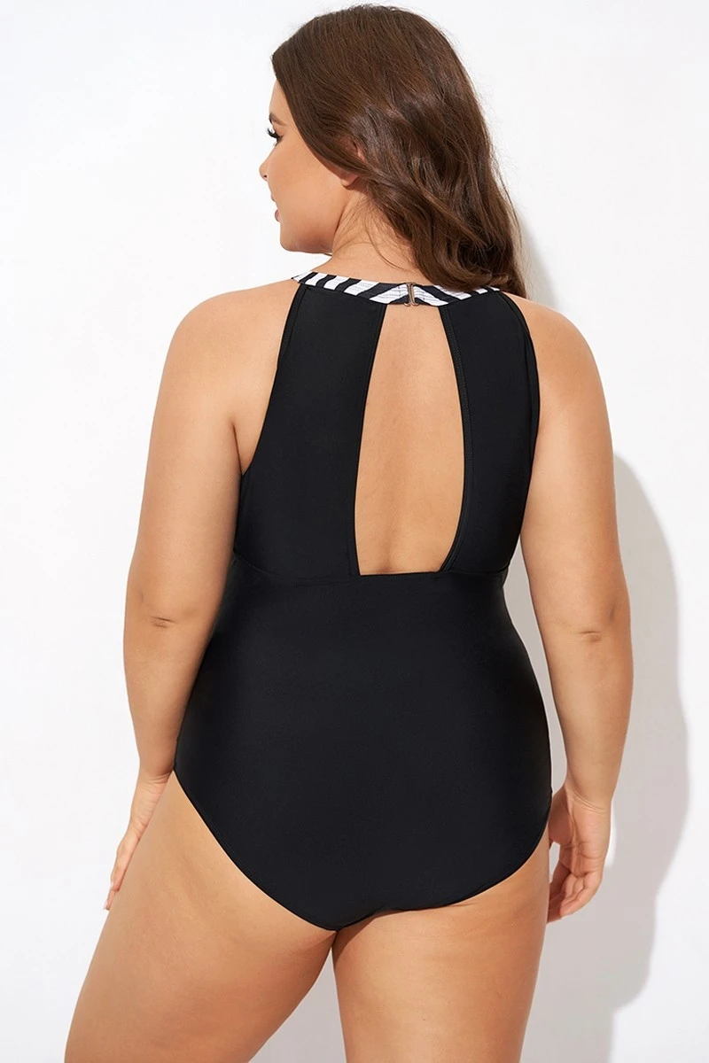 Stripe High Neck Mesh Ruched One Piece Swimsuit 2 Stripe High Neck Mesh Ruched One Piece Swimsuit - Image 2