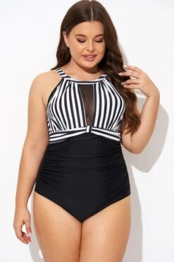 Stripe High Neck Mesh Ruched One Piece Swimsuit 8 Stripe High Neck Mesh Ruched One Piece Swimsuit -Sandy Bikinis Shop b deop295001 3