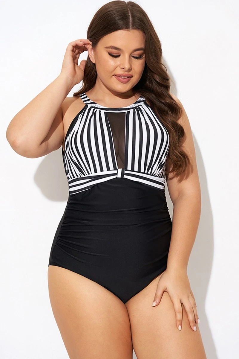 Stripe High Neck Mesh Ruched One Piece Swimsuit 4 Stripe High Neck Mesh Ruched One Piece Swimsuit - Image 4