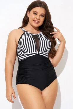 Stripe High Neck Mesh Ruched One Piece Swimsuit