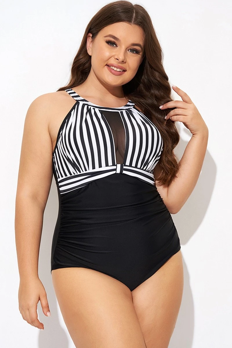 Stripe High Neck Mesh Ruched One Piece Swimsuit 1 Stripe High Neck Mesh Ruched One Piece Swimsuit