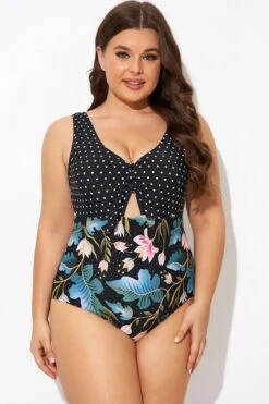 Crewneck Flower Print Polka Dots Knot One Piece Swimsuit -Sandy Bikinis Shop b deop297001 3