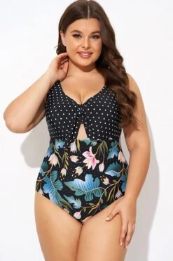 Crewneck Flower Print Polka Dots Knot One Piece Swimsuit -Sandy Bikinis Shop b deop297001 4