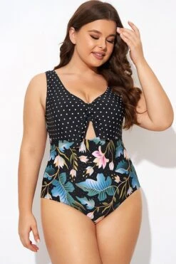 Crewneck Flower Print Polka Dots Knot One Piece Swimsuit -Sandy Bikinis Shop b deop297001 5
