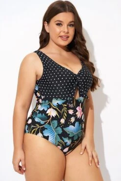 Crewneck Flower Print Polka Dots Knot One Piece Swimsuit -Sandy Bikinis Shop b deop297001 6