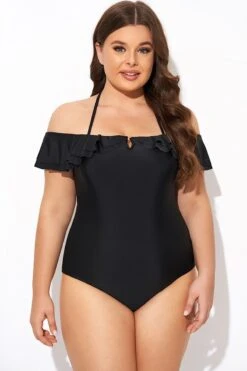 Black Flounce Off The Shoulder Ruffle One Piece Swimsuit 8 Black Flounce Off The Shoulder Ruffle One Piece Swimsuit -Sandy Bikinis Shop b deop298001 3