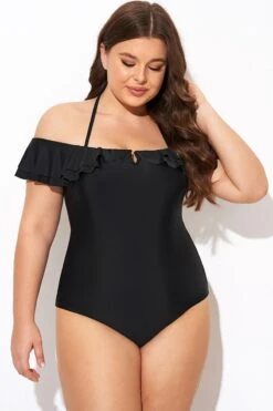 Black Flounce Off The Shoulder Ruffle One Piece Swimsuit 9 Black Flounce Off The Shoulder Ruffle One Piece Swimsuit -Sandy Bikinis Shop b deop298001 4