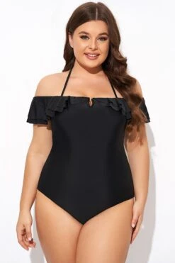 Black Flounce Off The Shoulder Ruffle One Piece Swimsuit 10 Black Flounce Off The Shoulder Ruffle One Piece Swimsuit -Sandy Bikinis Shop b deop298001 5