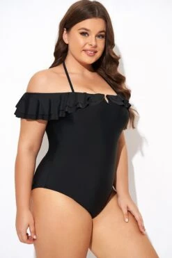 Black Flounce Off The Shoulder Ruffle One Piece Swimsuit 11 Black Flounce Off The Shoulder Ruffle One Piece Swimsuit -Sandy Bikinis Shop b deop298001 6