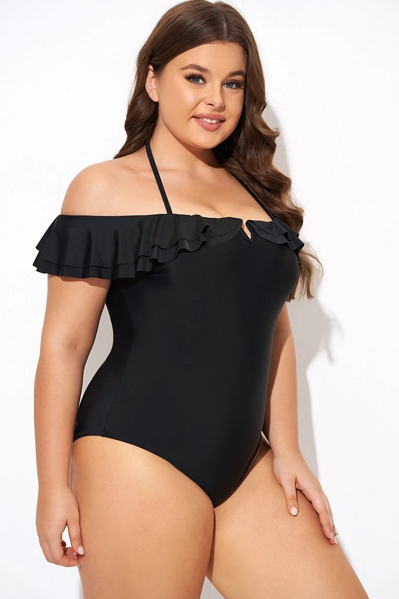 Black Flounce Off The Shoulder Ruffle One Piece Swimsuit 6 Black Flounce Off The Shoulder Ruffle One Piece Swimsuit - Image 6