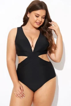 Black Cut Out Plunge Back Hook One Piece Swimsuit -Sandy Bikinis Shop b deop299001 3