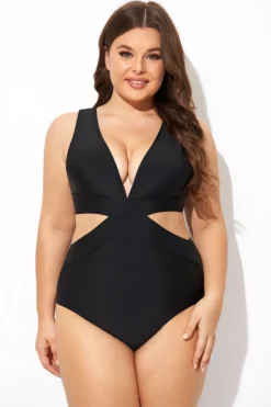 Black Cut Out Plunge Back Hook One Piece Swimsuit -Sandy Bikinis Shop b deop299001 4