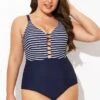 Stripe Plunge Deep V Neck One Piece Swimsuit