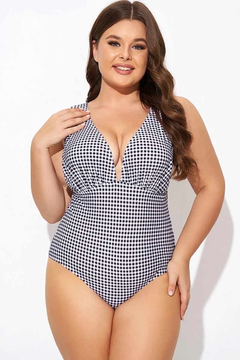 Gingham V-neck Low-cut Leg One Piece Swimsuit 1 Gingham V-neck Low-cut Leg One Piece Swimsuit