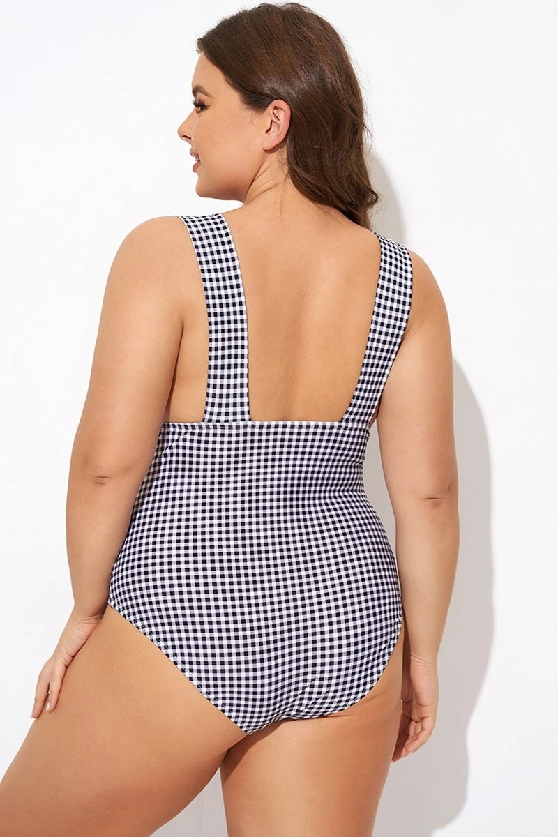 Gingham V-neck Low-cut Leg One Piece Swimsuit 2 Gingham V-neck Low-cut Leg One Piece Swimsuit - Image 2