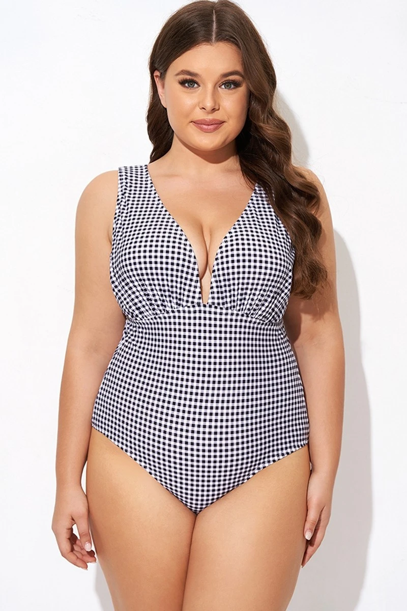 Gingham V-neck Low-cut Leg One Piece Swimsuit 3 Gingham V-neck Low-cut Leg One Piece Swimsuit - Image 3
