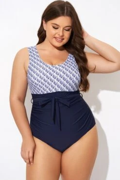 Shell Print Round Neck Belt One Piece Swimsuit