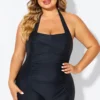 Black Ruched Panel Halter Women One Piece Swimsuit