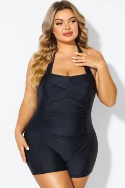 Black Ruched Panel Halter Women One Piece Swimsuit -Sandy Bikinis Shop b deop303001 3