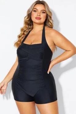 Black Ruched Panel Halter Women One Piece Swimsuit -Sandy Bikinis Shop b deop303001 5