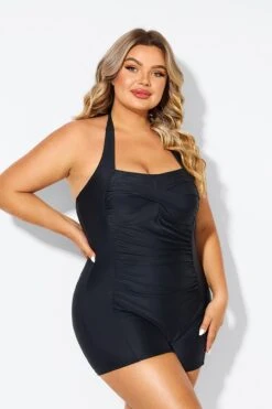 Black Ruched Panel Halter Women One Piece Swimsuit -Sandy Bikinis Shop b deop303001 6