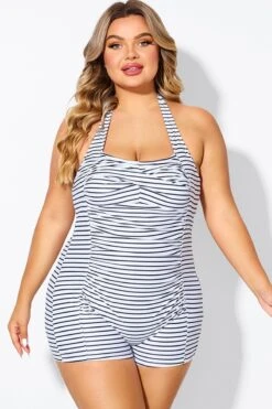 Striped Ruched Panel Halter Women One Piece Swimsuit -Sandy Bikinis Shop b deop303002 1