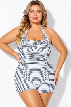 Striped Ruched Panel Halter Women One Piece Swimsuit -Sandy Bikinis Shop b deop303002 3