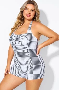 Striped Ruched Panel Halter Women One Piece Swimsuit -Sandy Bikinis Shop b deop303002 5