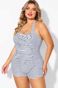 Striped Ruched Panel Halter Women One Piece Swimsuit -Sandy Bikinis Shop b deop303002 6