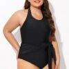 Black High-neck Halter Sash One Piece Swimsuit