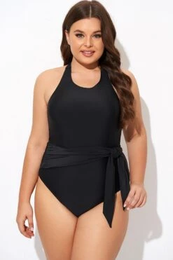 Black High-neck Halter Sash One Piece Swimsuit -Sandy Bikinis Shop b deop308001 3